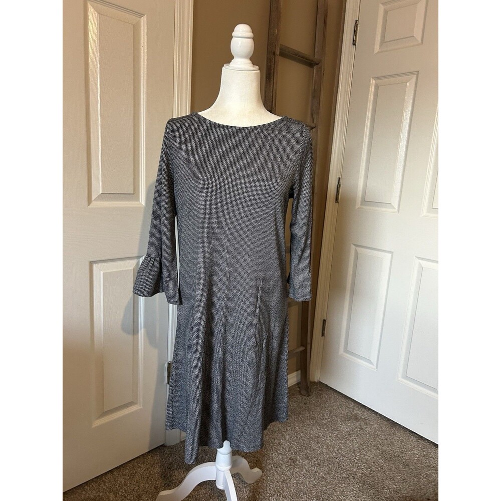 J Jill Wearever Stretch Knit Dress 3/4 Sleeve S Petite Black Houndstooth Work